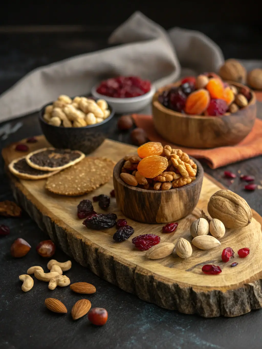 A colorful display of various dry fruits and nuts, such as pistachios, almonds, walnuts, and dried apricots, arranged in traditional Afghan bowls and baskets.
