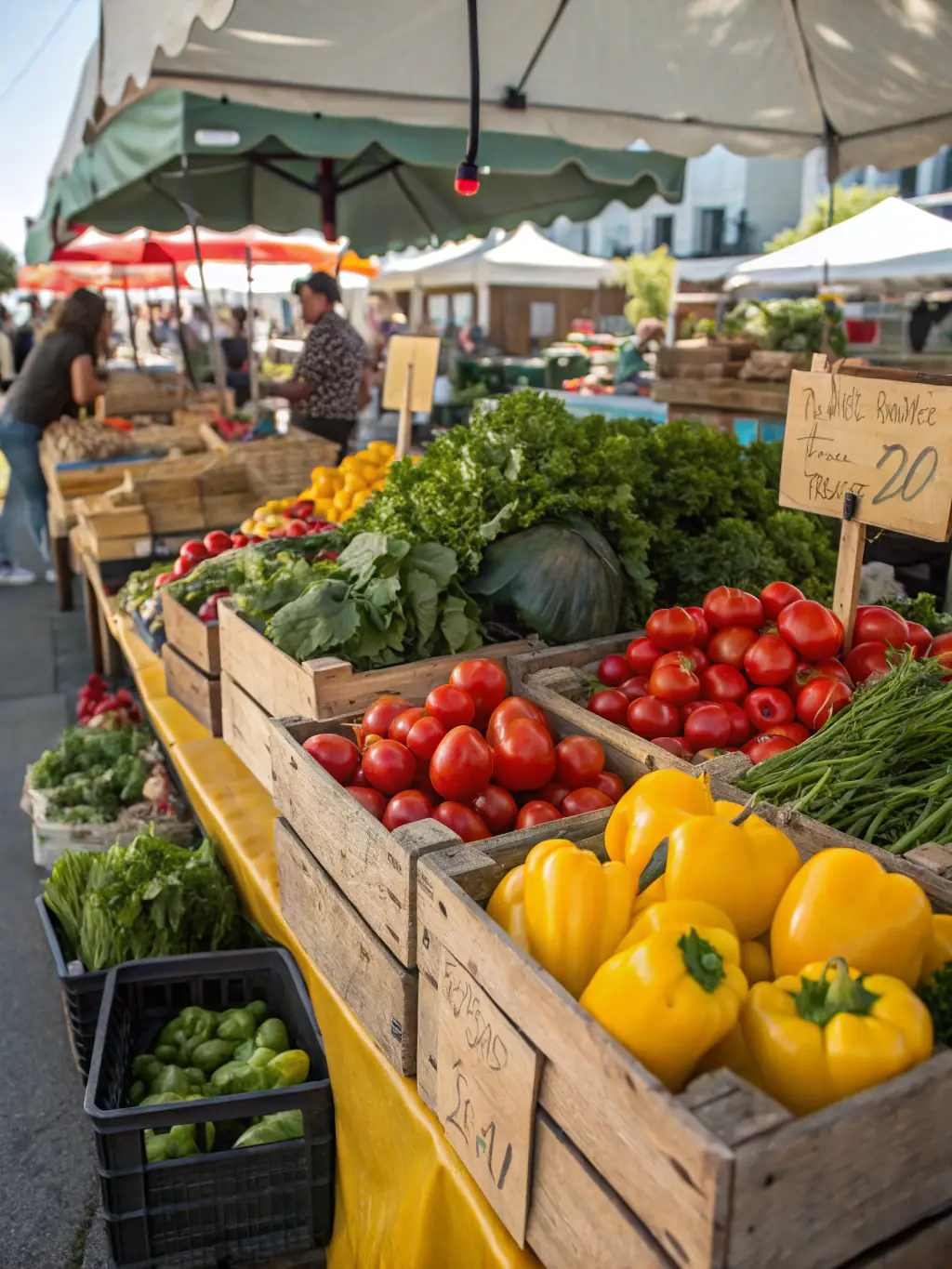 A close-up shot of fresh, vibrant produce, including locally sourced fruits and vegetables, such as pomegranates, grapes, melons, and tomatoes, displayed in a market setting.
